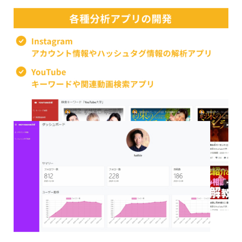 各種分析アプリの開発 Instagramアカウント情報やハッシュタグ情報の解析アプリ YouTubeキーワードや関連動画検索アプリ